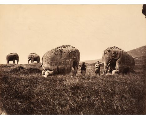 * China. Elephants on both sides of the path leading to a Chinese temple, c. 1870, albumen print, 20.5 x 27 cm, card mount wi