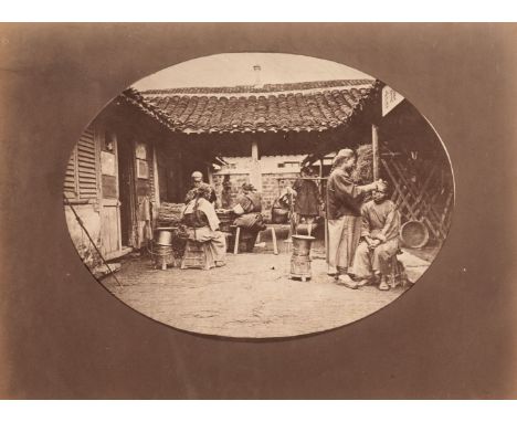 * China. Itinerant Barbers, by William Saunders c. 1870, albumen print, 20.5 x 27 cm, card mount with contemporary inscriptio