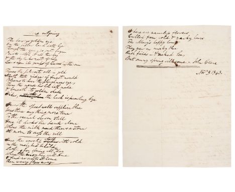 * Clare (John, 1793-1864), English poet. Autograph Manuscript Poem Signed, ‘John Clare’, [Northampton Lunatic Asylum], 9 Nove