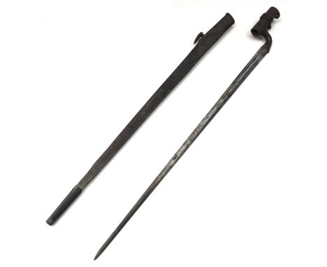 An 1876 pattern, Martini Henry socket bayonet, complete with scabbard. Dated stamped ‘/89’ to the forte for 1889, and the ‘WD