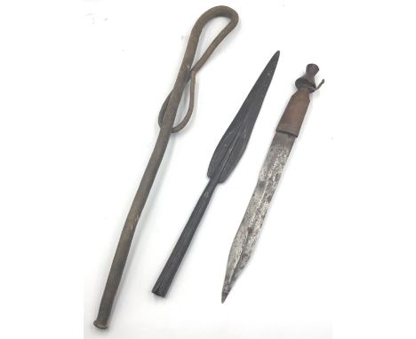 An unusual African 19th century leather Sjambok or drovers whip.Fashioned from animal hide, or even perhaps a tail, with a di
