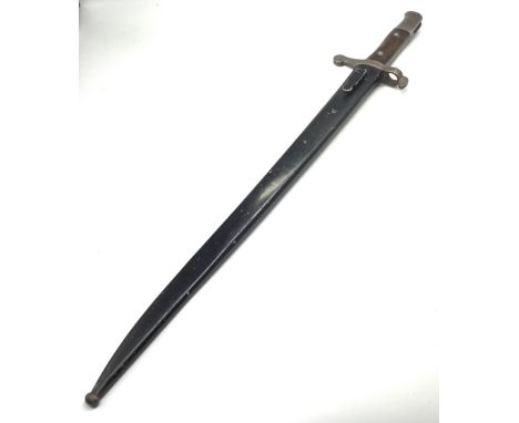 A 19th century Portuguese M1885 Yataghan sword bayonet, with associated scabbard. With wooden slab grips secured by two rivet