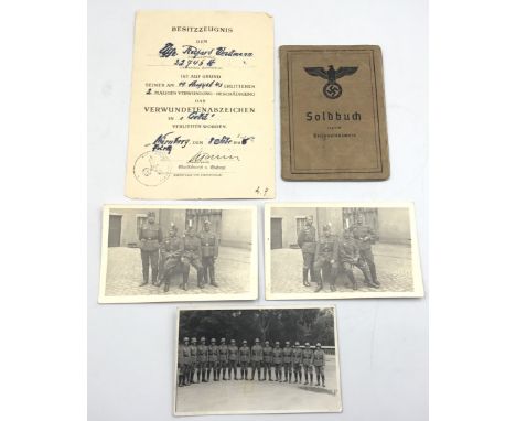 A WW2 German Soldbuch, and a Gold Wound Badge certificate named to Fahnenjunker-Unteroffizier Richard Weidmann of the 1/95th 