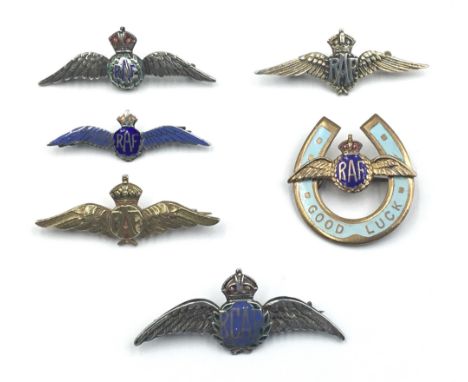 A good selection of circa WW2 era Royal Air Force sweetheart brooches. To include: 2 silver and enamel examples, both marked 