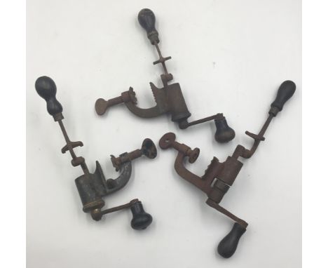 Three antique 19th/early 20th century roll-turnover shotgun cartridge re-loading tools. All basic iron Sheffield-made with br