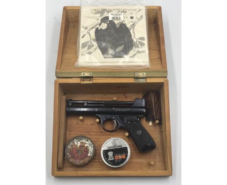 PLEASE NOTE LEGAL DISCLAIMER FOLLOWING DESCRIPTION. Webley Mk 1 .177 air pistol in wooden box with two old pellet tins (one e
