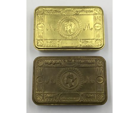 2 WW1 era Princess Mary tins, one with much of its original gilt finish present to the exterior and interior. Usual design, w