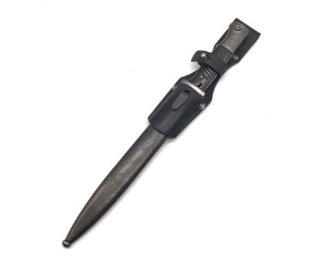 A WW2 era German K98 bayonets, dated 1942, and with matched serial numbers of 9671 to the blade and scabbard. Markers mark of