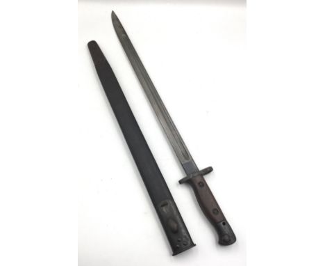 A late WW1 era British 1907 pattern bayonet by Sanderson, complete with scabbard. Dated at the ricasso for September 1918, an