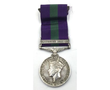 A General Service Medal 1918-62, with clasp for Palestine 1945-48, awarded to 14484371 Tpr B.Wilson of the 8th Royal Tank Cor