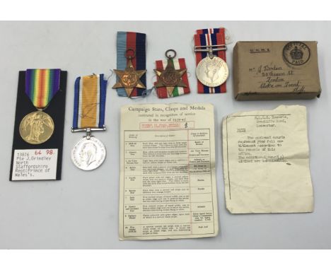 North Staffordshire interest - a selection of WW1 and WW2 campaign medals. To include: a WW1 Victory Medal named to 13876 Pte