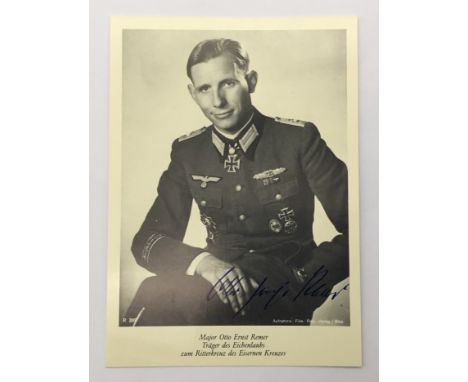 A post WW2 printed postcard, signed by Major Otto Ernst Remer (1912-1997). Signed in blue fountain pen, a featuring Remer in 