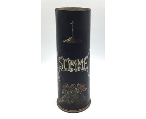An unusual WW1 era, 1916 dated painted British 18 pound shell case. Fully painted to the outside, with a black ground, ‘Somme