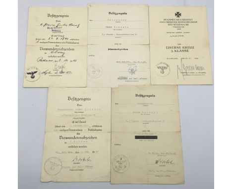 A collection of 5 WW2 era German award certificates, awarded to 1943 casualty Obergefreiter Gunter Kossatz of the 3/Panzer-Pi