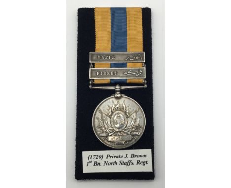 A late 19th century Khedive’s Sudan Medal (1896-1908), with clasps for Hafir and Firket, with contemporary engraved naming to