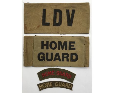 A small collection of WW2 era Local Defence Force / Home Guard cloth insignia. To include: a Local Defence Force ‘LDV’ armban