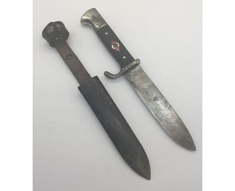 An early original 1st type German Hitler Youth knife, with scabbard, and the early ‘Blut und Ehre!’ etched motto to the blade