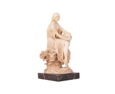 Rudolf Marcuse (1878-1940), German, 'Junge Griechin', (1905), an alabaster figure of a girl seated on a Corinthian capital, o