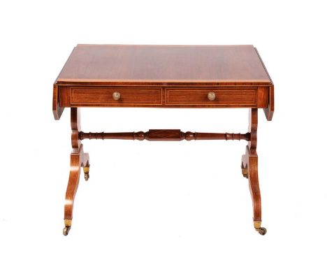 A George III Rosewood &amp; Satinwood banded sofa table of small proportion with a pair of canted rectangular flaps, fitted a