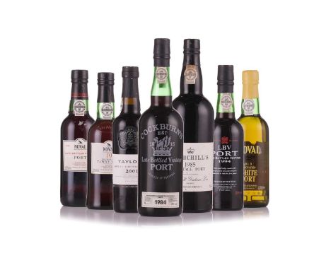 A selection of Bottles of Port to include a Churchills 1985 Vintage Port, a Cockburns LBV 1984, Half a Noval White Port, Half