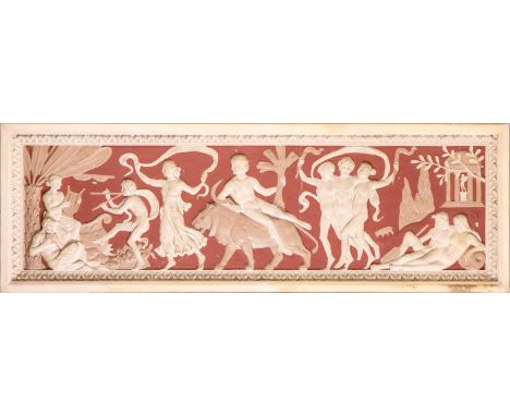 A large and decorative plaster wall frieze, depicting Classical dancing figures in relief, on a red ground, within a moulded 