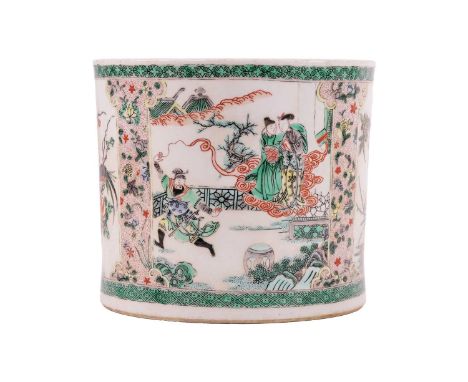 A very large Chinese Famille Verte porcelain Bitong, 20th century, of typical perpendicular form painted in the round with of