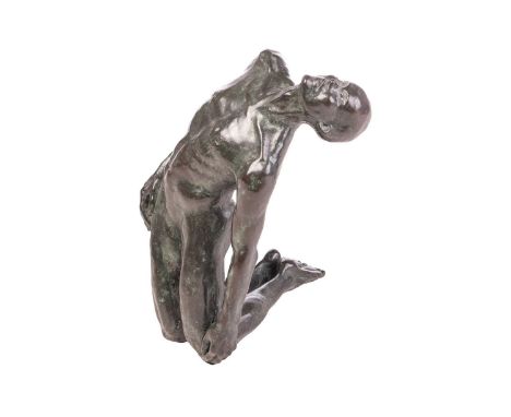 20th century school, a large patinated bronze figure of kneeling man, indistinctly signed and numbered 'ALG' 2/6, to the fron