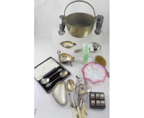 Various collectibles including brass jam pan, set of six napkin rings, green art glass vase, silver hand mirror and brush, a 