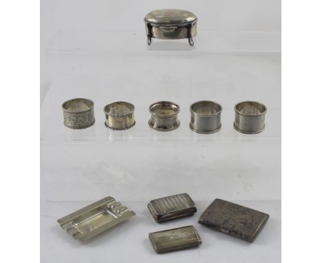 Various hallmarked silver items to include four napkin rings, trinket box, cigarette case, two vestas and an ashtray, various