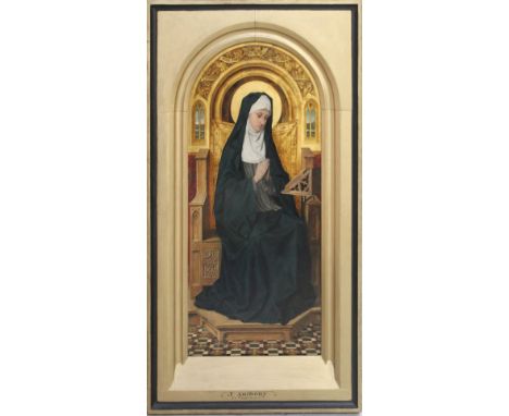 J ANTHONY (late 19th/early 20th century); oil on panel, 'La Vierge en Priere' (The Virgin in Prayer), medieval style portrait