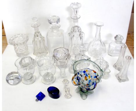 A quantity of glassware to include a Murano glass basket, moulded decanter, cut ashtray etc.