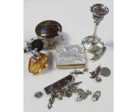 A collectors' lot to include a white metal candlestick with Eastern marks, an EPNS jewellery box with faux tortoiseshell lid,