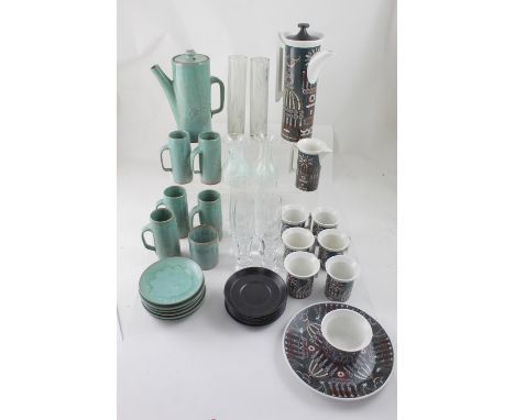 A mixed group of pottery and glass including a Portmeirion 'Magic City' part coffee set including six cups and saucers, a sug