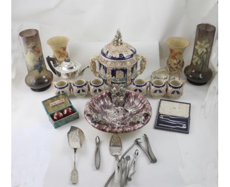 A mixed lot to include a pair of Victorian floral painted smoky glass vases, German pottery lidded punch bowl and cups, Germa