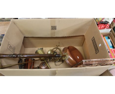 A large quantity of 19th century and later brassware to include an Art Nouveau hammered copper tray, a bed pan, fire irons, k