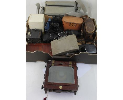 A mahogany-cased plate camera by J Lizars of Glasgow, further cameras and assorted binoculars etc.