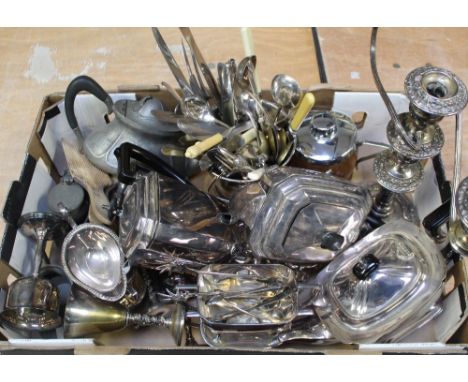 A mixed lot of assorted silver plate and metalware to include Arts &amp; Crafts 'Mylady' tea service, a silver plated tea ser