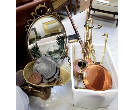 A quantity of brassware to include fireside companion set, coaching horn, copper bed pan, copper kettle, large shop brass pan