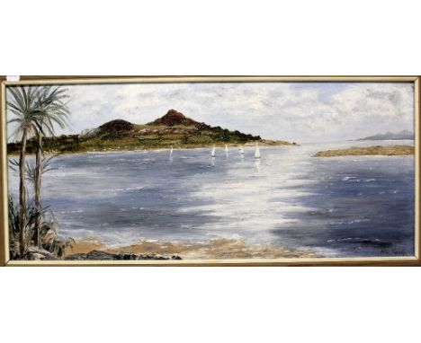 RITA EARLY; oil on board, hill of Howth from Dublin Bay', tranquil seascape with yachts and mountains to the background, sign