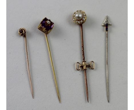 Four gem-set tie pins comprising a circular yellow metal pin centrally set with pearl in a surround of twelve diamonds, a yel
