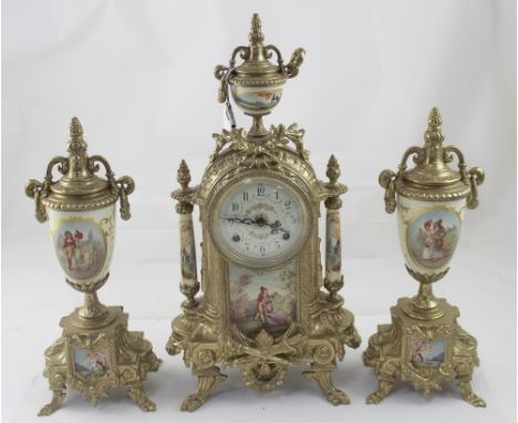 A modern Franz Hermle &amp; Sons Germany brass garniture clock set in the Louis XIV style with painted panels, urn pediment a