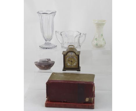 A mixed group of collectors' items comprising a Belleek vase, a moulded glass vase and twin-handled dish, a Swiza miniature r