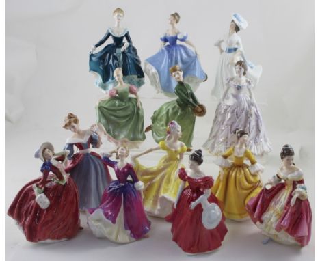 Twelve Doulton figures including 'Autumn Breeze', HN3316 'Amy', HN3413 'Kathryn', HN2220 'Winsome' and a Royal Worcester figu