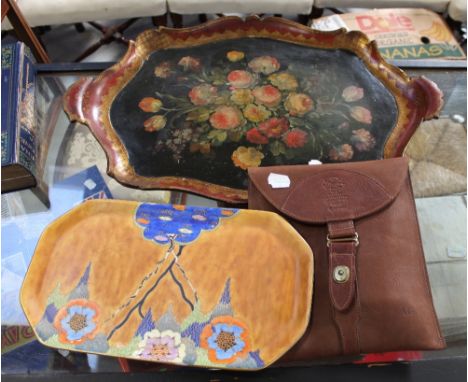 A 19th century floral painted and gilt-heightened tray, width 60cm, a Carltonware floral motif dish and a Littleton leather p