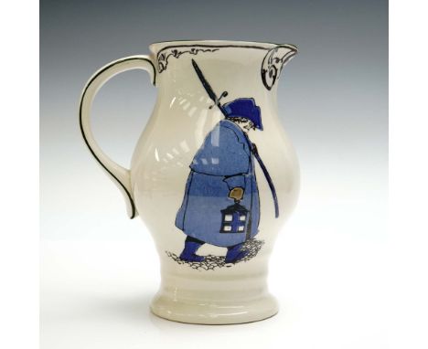 Charming Royal Doulton jug featuring a hand-painted scene of a night watchman in a blue overcoat carrying a lantern and staff