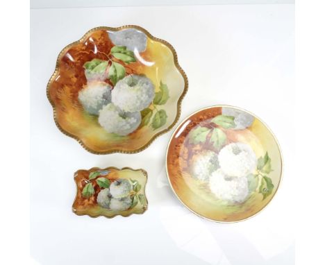 A finely detailed 3-piece hand painted porcelain serving set marked Limoges France, featuring richly colored botanical imager