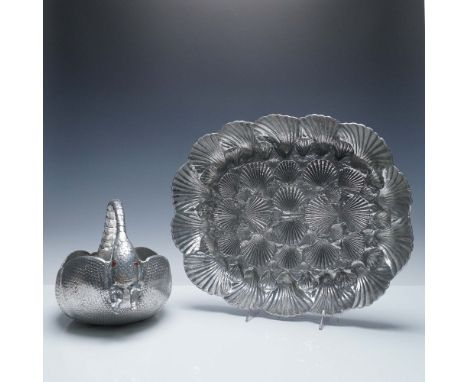 Whimsical pair of aluminum serveware pieces by Arthur Court Designs, including a sculpted armadillo-form handled basket and a