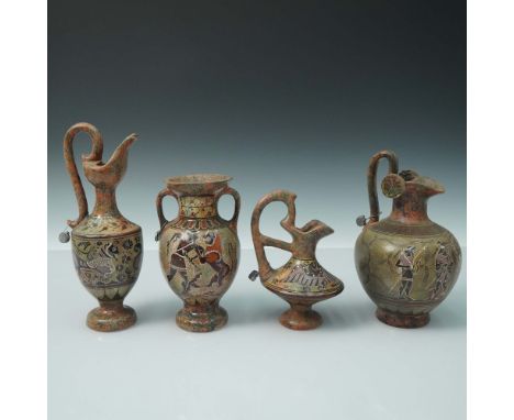 Group of four hand made Greek-style pottery vessels inspired by ancient Corinthian and Attic designs. Includes a prochous mar
