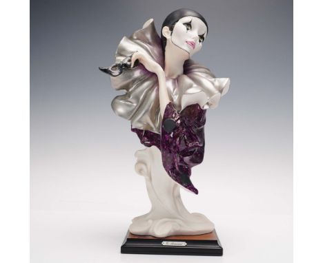 Giuseppe Armani porcelain figurine titled Masquerade, depicting a theatrical Harlequin figure with dramatic facial makeup, fl