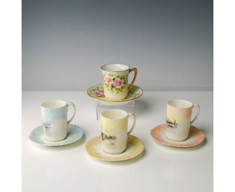 A refined 8-piece hand-painted porcelain featuring four demitasse cups with matching saucers. Three of the sets are marked Je